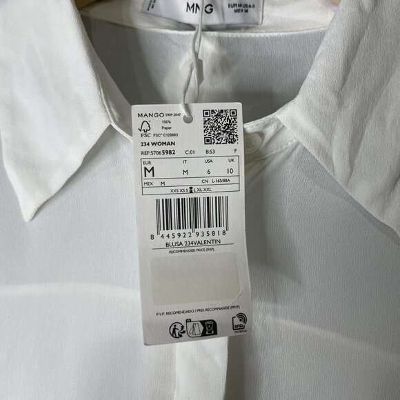 Mango Shirt Womens Medium White Valentin Tie Neck Long Sleeve Button Up Blouse - Picture 6 of 8